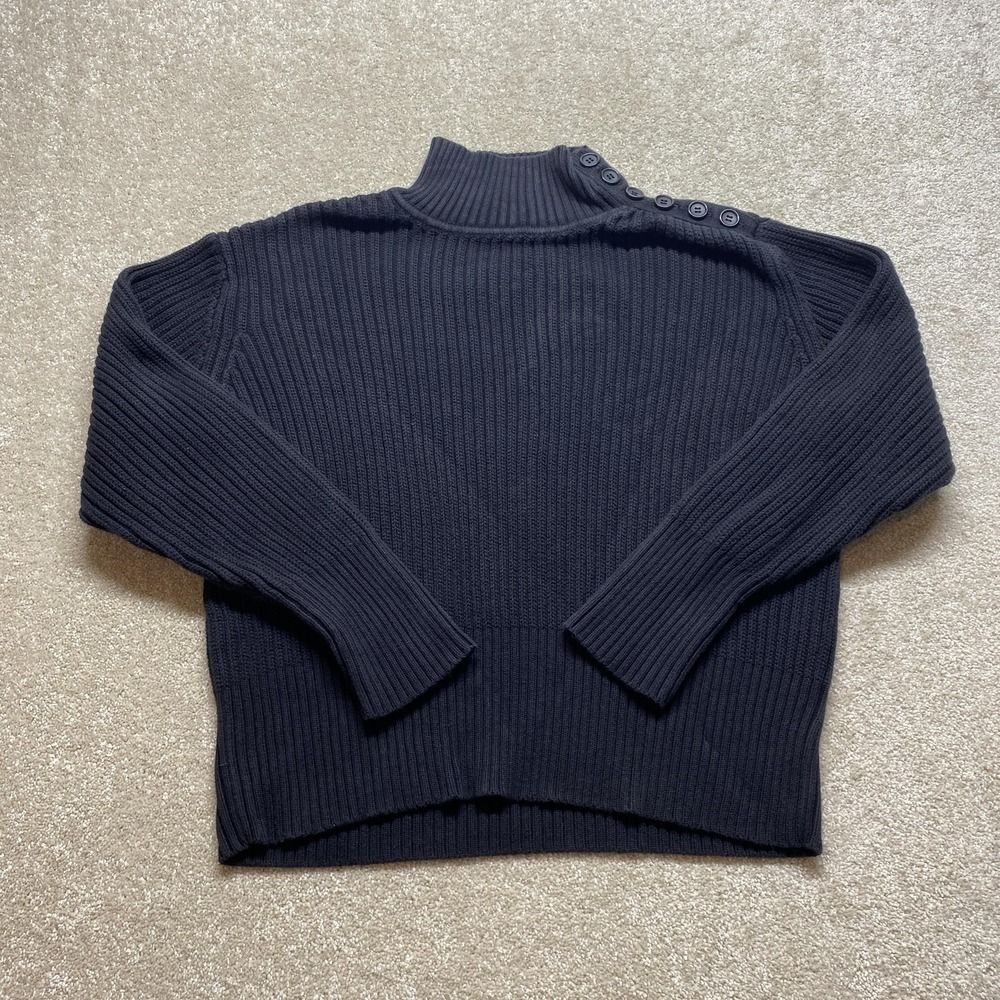 J. Jill Sweater Womens Large Petite Navy Blue Ribbed Cotton Button Mock Neck